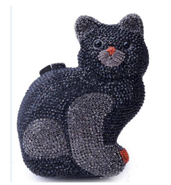 Sparkle Meow Kitty Rhinestone Clutch Purse in Black with Red Nose - WAAMII