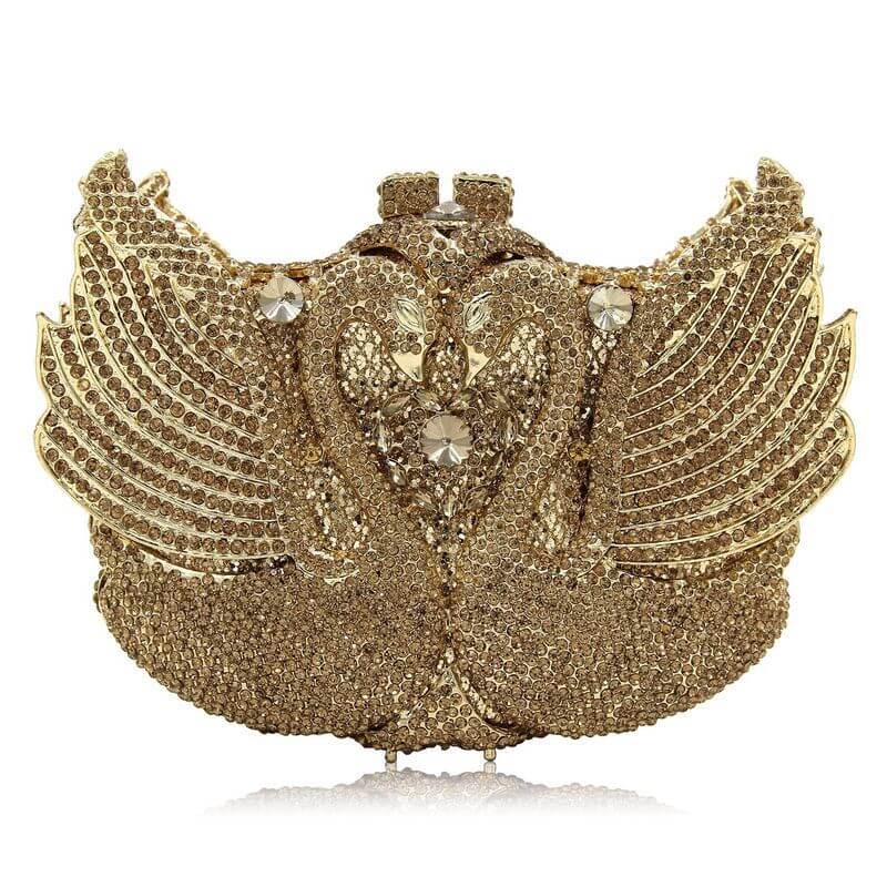 Swan Embrace Crystal Evening Clutch in Gold with Gold Diamonds - WAAMII
