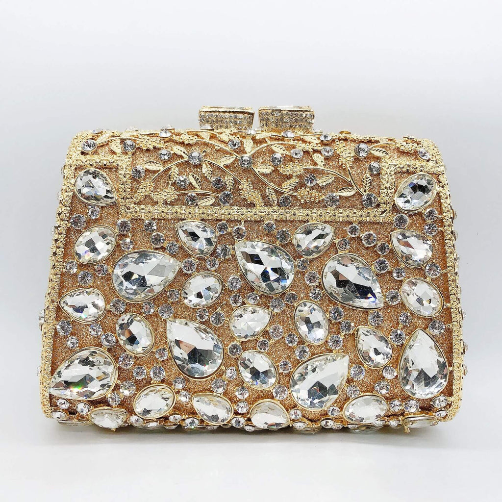 Gemma Fleur Rain Rhinestone Clutch in Gold Base White Diamond - WAAMII