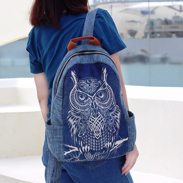 Owl Dyed and Embroidered Cotton Linen Backpack - Main product view (1) - WAAMII