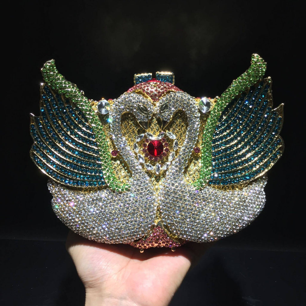 Swan Embrace Crystal Evening Clutch in Rainbow Gold - WAAMII