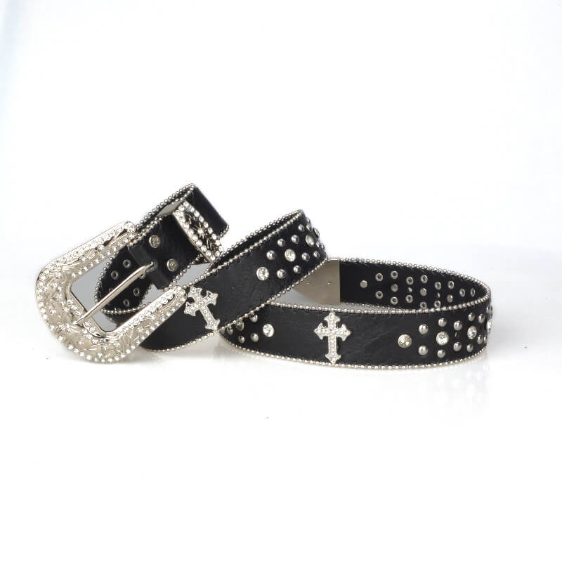 GothGlow Crystal Cross Leather Belt-Black - 详情-06 view - WAAMII