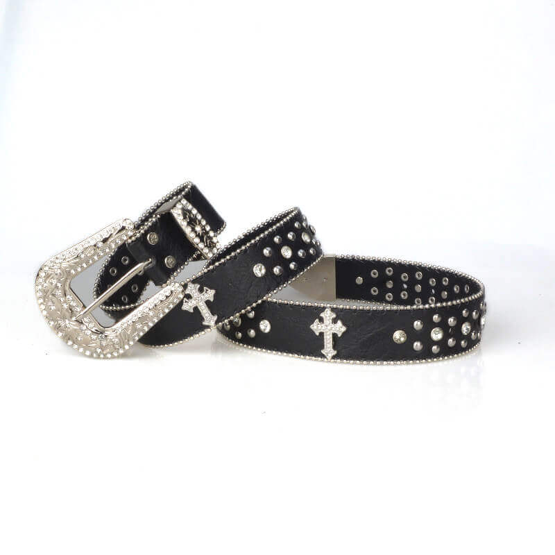GothGlow Crystal Cross Leather Belt-Black - Back view (5) - WAAMII