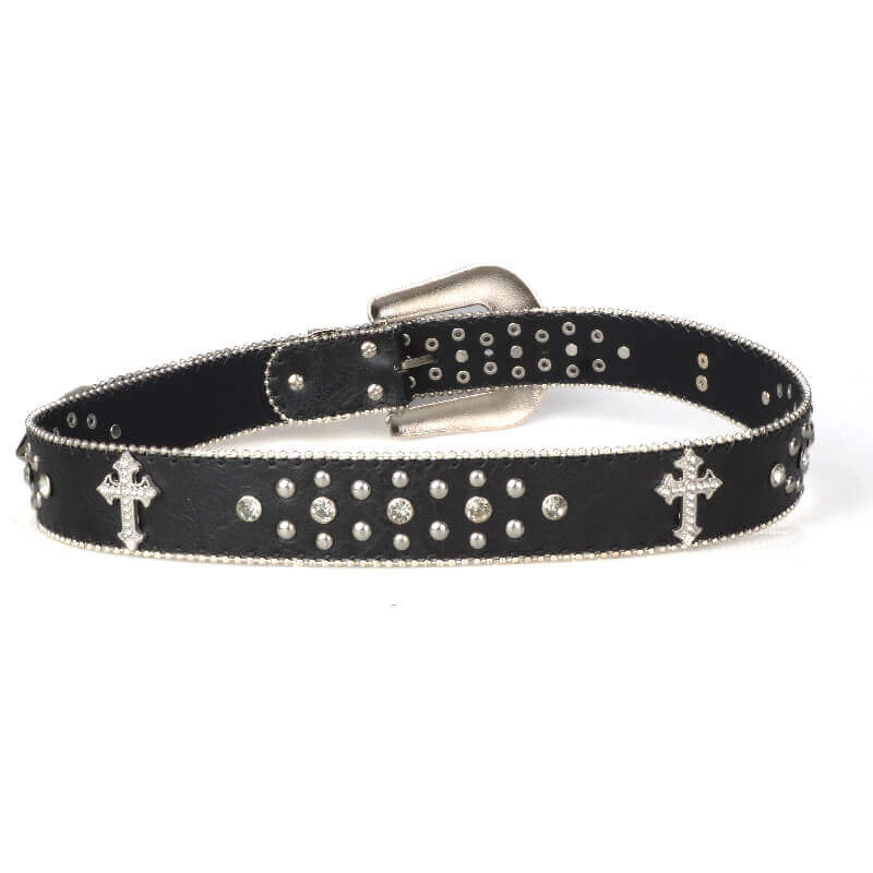 GothGlow Crystal Cross Leather Belt-Black - Front view (4) - WAAMII