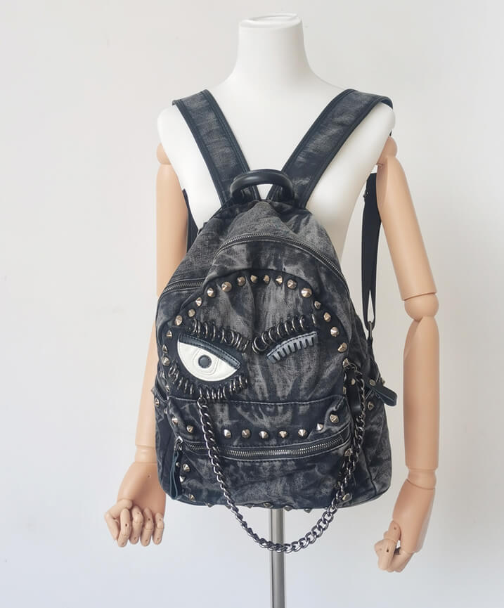 Black Denim Studded Chain Punk Backpack - Detailed shot (3) - WAAMII