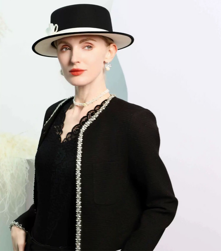 Black White Elegant Flat Brimmed Hat Wool Felt Fedoras - - Luxury Accessories by WAAMII