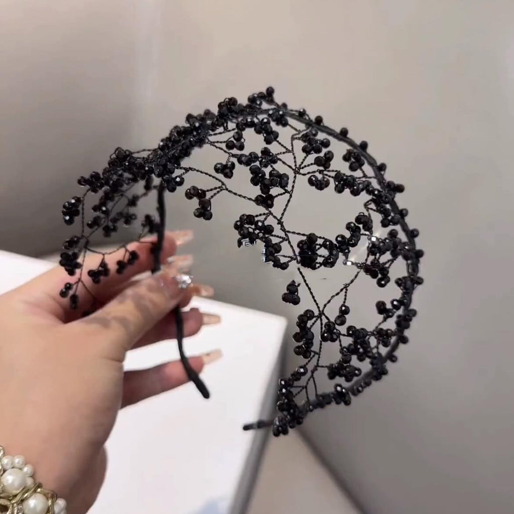 Half Cap Crystal Flower Cluster Headband - Black - Luxury Accessories by WAAMII