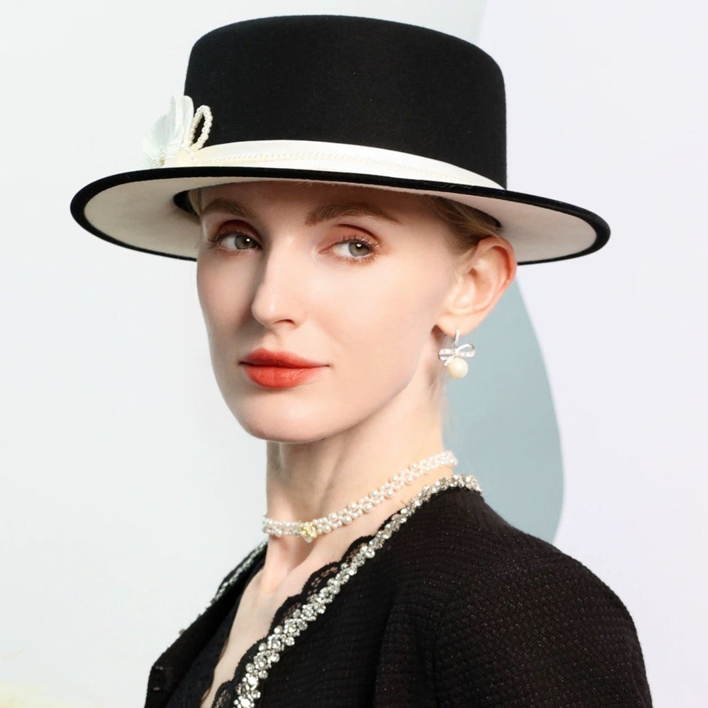 Black White Elegant Flat Brimmed Hat Wool Felt Fedoras - - Luxury Accessories by WAAMII