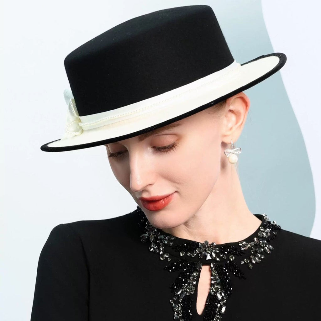 Black White Elegant Flat Brimmed Hat Wool Felt Fedoras - - Luxury Accessories by WAAMII