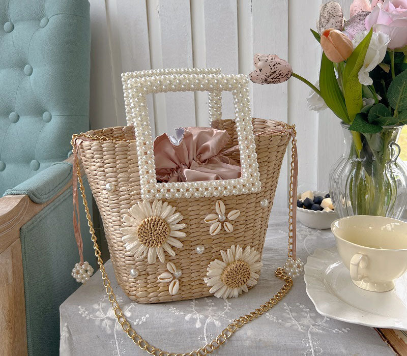 Lona Summer Pearl Straw Top Handle Beach Bag - Sunflower - Luxury bags by WAAMII