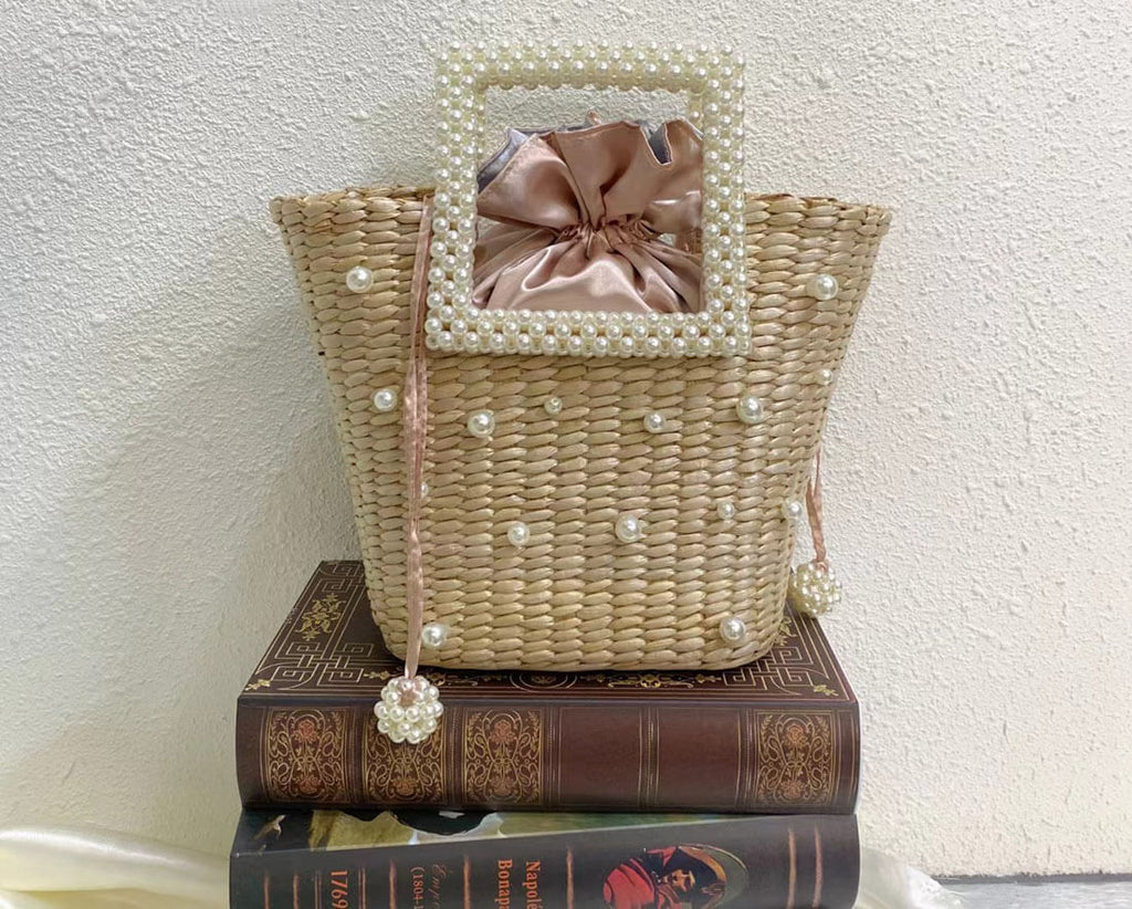 Lona Summer Pearl Straw Top Handle Beach Bag - Pearl - Luxury bags by WAAMII