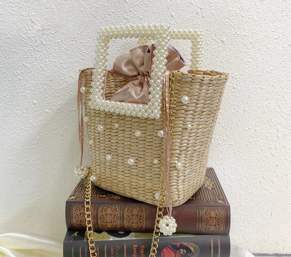 Lona Summer Pearl Straw Top Handle Beach Bag - - Luxury bags by WAAMII
