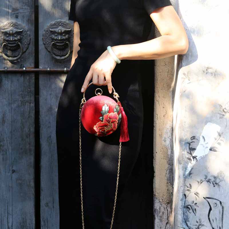 Designer Circular Velvet Evening Purse with Peony Embroidery-Maroon - - Luxury bags by WAAMII