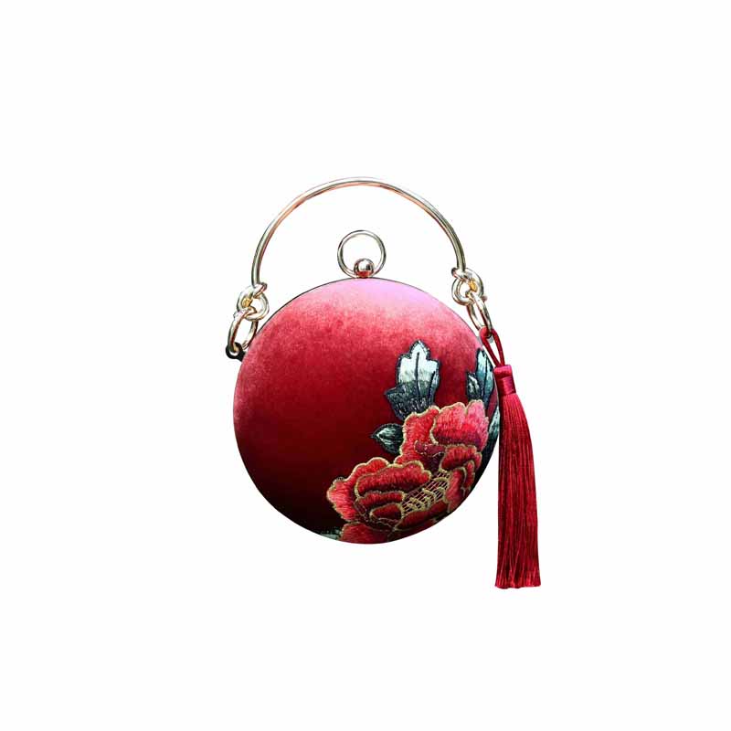 Designer Circular Velvet Evening Purse with Peony Embroidery-Maroon - - Luxury bags by WAAMII