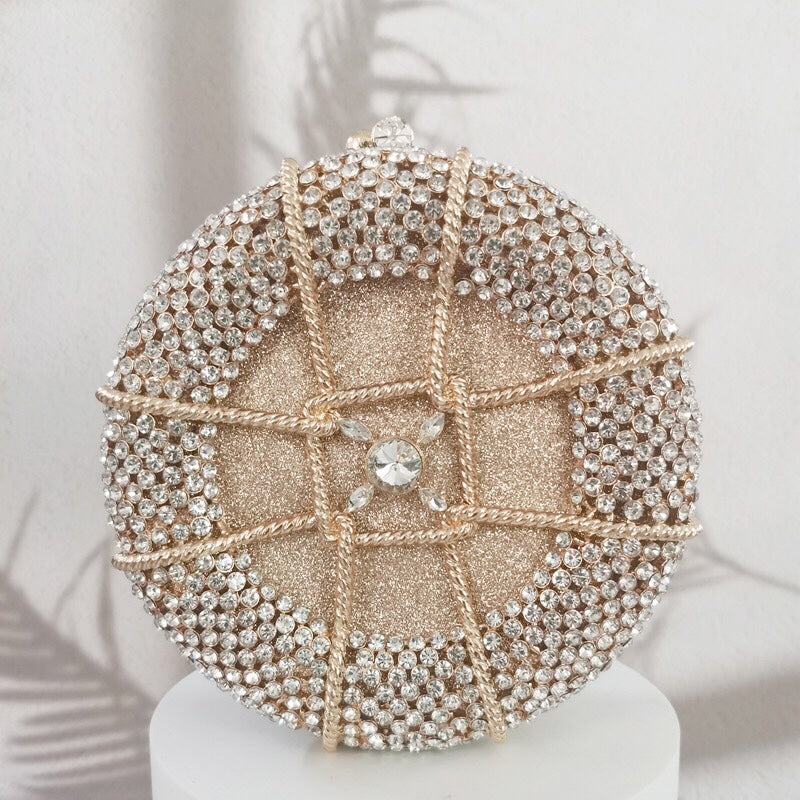 Rhinestone Crystal Unique Round Clutch - Gold white - Luxury bags by WAAMII