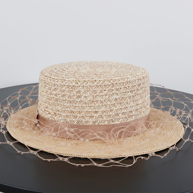 Beige coffee mix raffia bucket hat front view