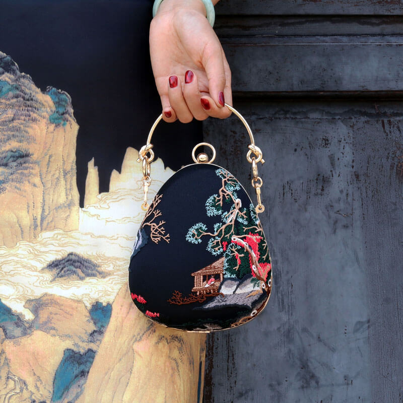 Vintage Embroidery Evening Clutch Purse-Spring Scenery-black - waterdrop shape - Luxury bags by WAAMII