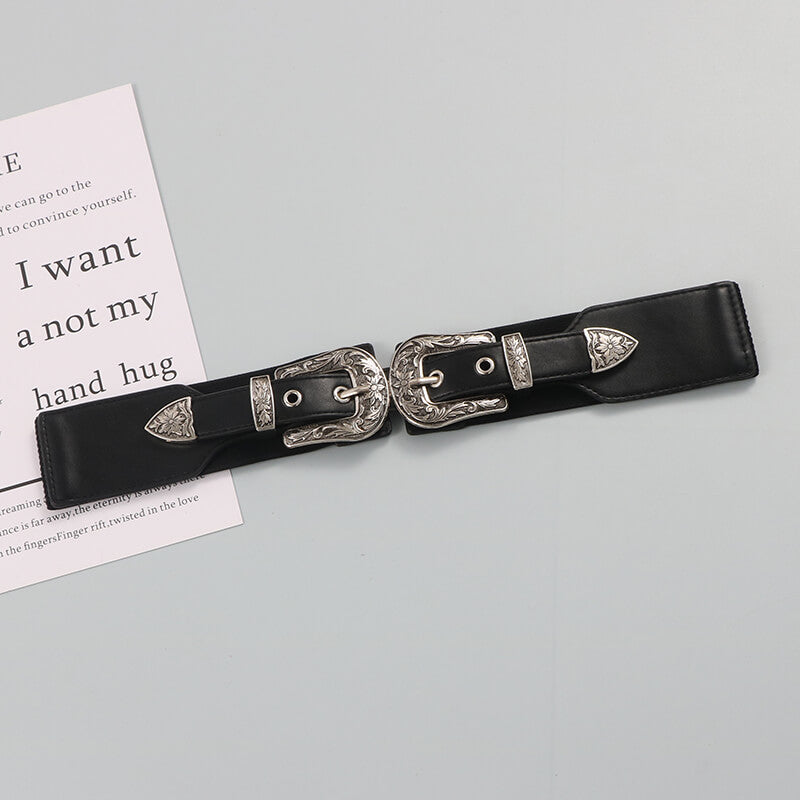 Wide Waist Belt with Vintage Engraved Buckles