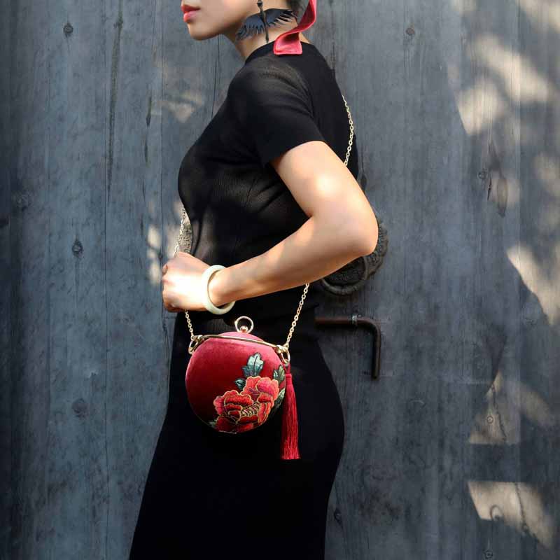 Designer Circular Velvet Evening Purse with Peony Embroidery-Maroon - ball-shaped mini size 14.5cm(cannot hold phones) - Luxury bags by WAAMII