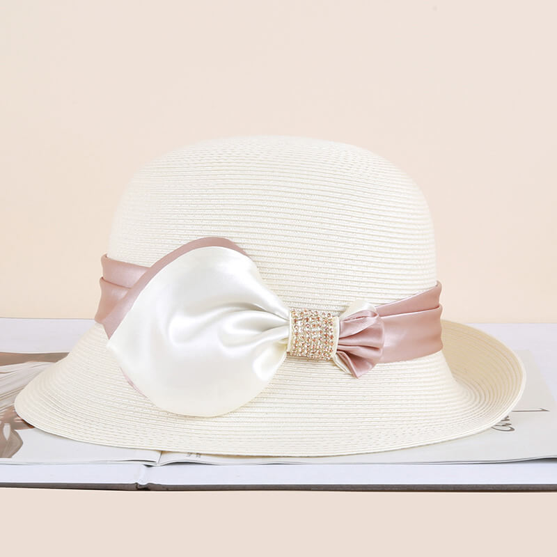 Women's Straw Hat with Foldable Brim and Double Ribbon Bow
