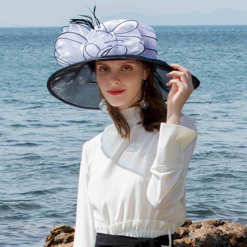 Wide Brim Women Organza Bucket Hat Fascinators Fedora Church Hat - White black/13cm brim - Luxury Accessories by WAAMII