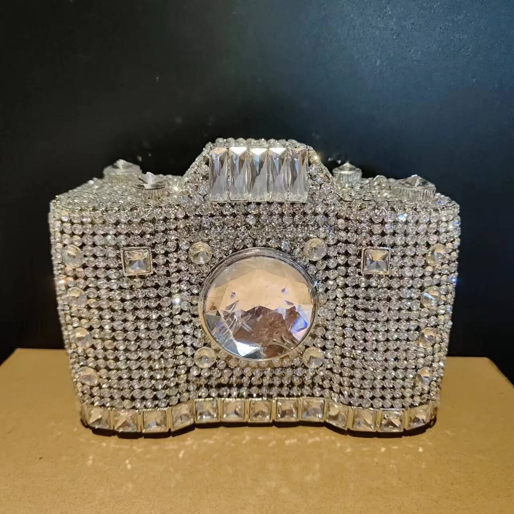 Camera Shape Rhinestone Clutch - Silver - Luxury bags by WAAMII