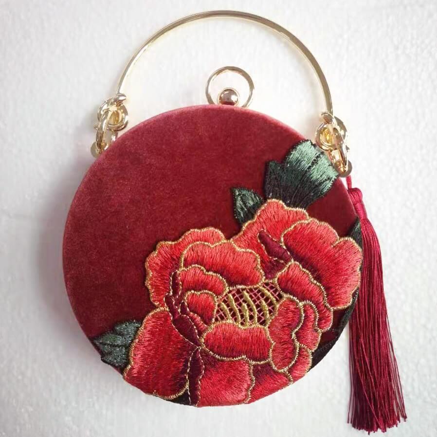 Designer Circular Velvet Evening Purse with Peony Embroidery-Maroon - circular shaped flat styles mini size 14.5cm(cannot hold phones) - Luxury bags by WAAMII