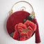 Designer Circular Velvet Evening Purse with Peony Embroidery-Maroon - circular shaped flat styles mini size 14.5cm(cannot hold phones) - Luxury bags by WAAMII