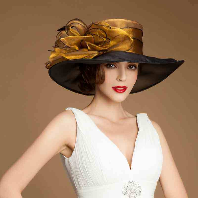 Wide Brim Women Organza Bucket Hat Fascinators Fedora Church Hat - Shiny gold black/13cm brim - Luxury Accessories by WAAMII