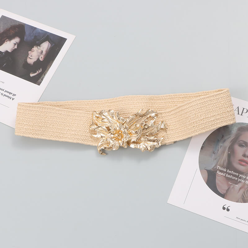 Wide Elastic Women's Belt with Gold Floral Buckle for Dresses-WG112
