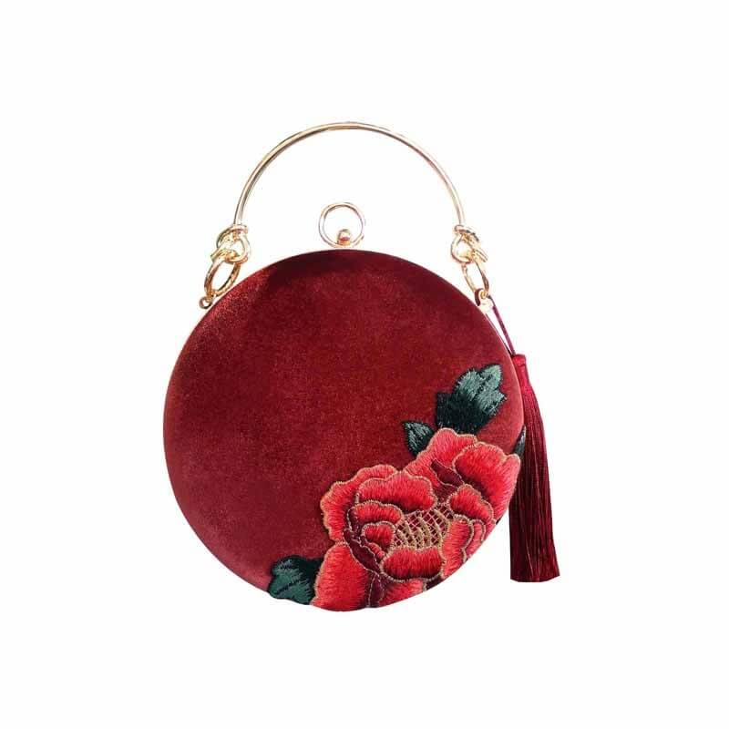 Designer Circular Velvet Evening Purse with Peony Embroidery-Maroon - circular shaped flat styles big size 18cm(Fits phones up to 6.1 inches) - Luxury bags by WAAMII