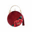 Designer Circular Velvet Evening Purse with Peony Embroidery-Maroon - circular shaped flat styles big size 18cm(Fits phones up to 6.1 inches) - Luxury bags by WAAMII