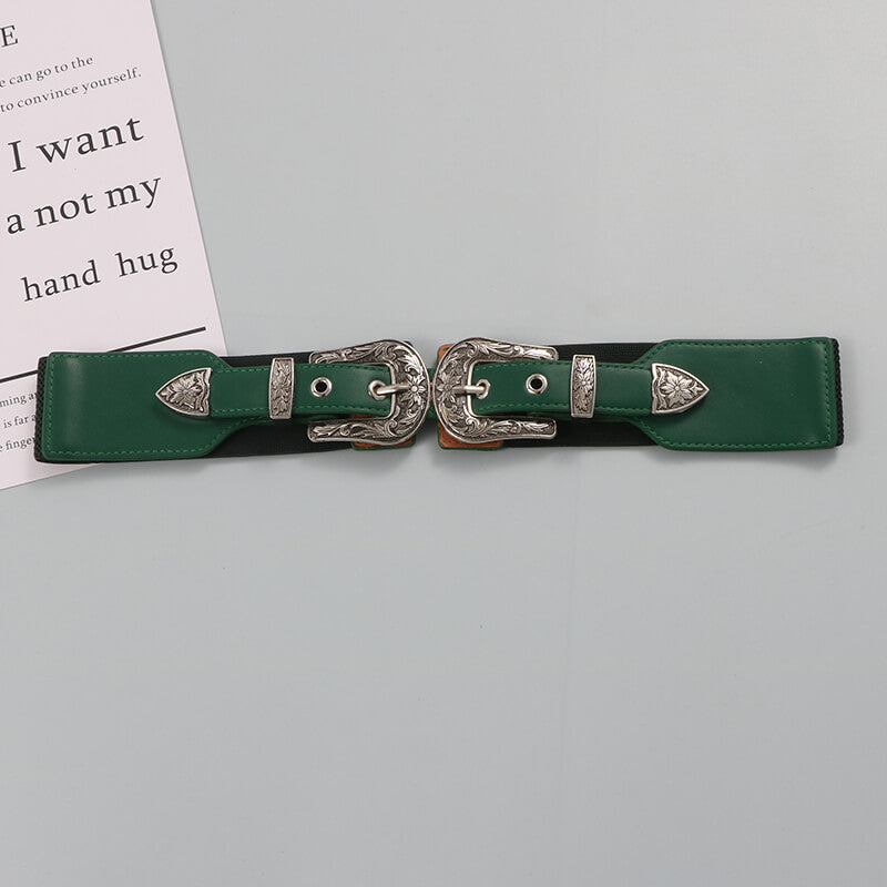 Wide Waist Belt with Vintage Engraved Buckles
