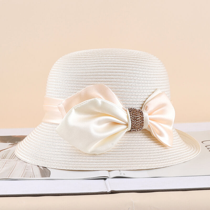 Women's Straw Hat with Foldable Brim and Double Ribbon Bow