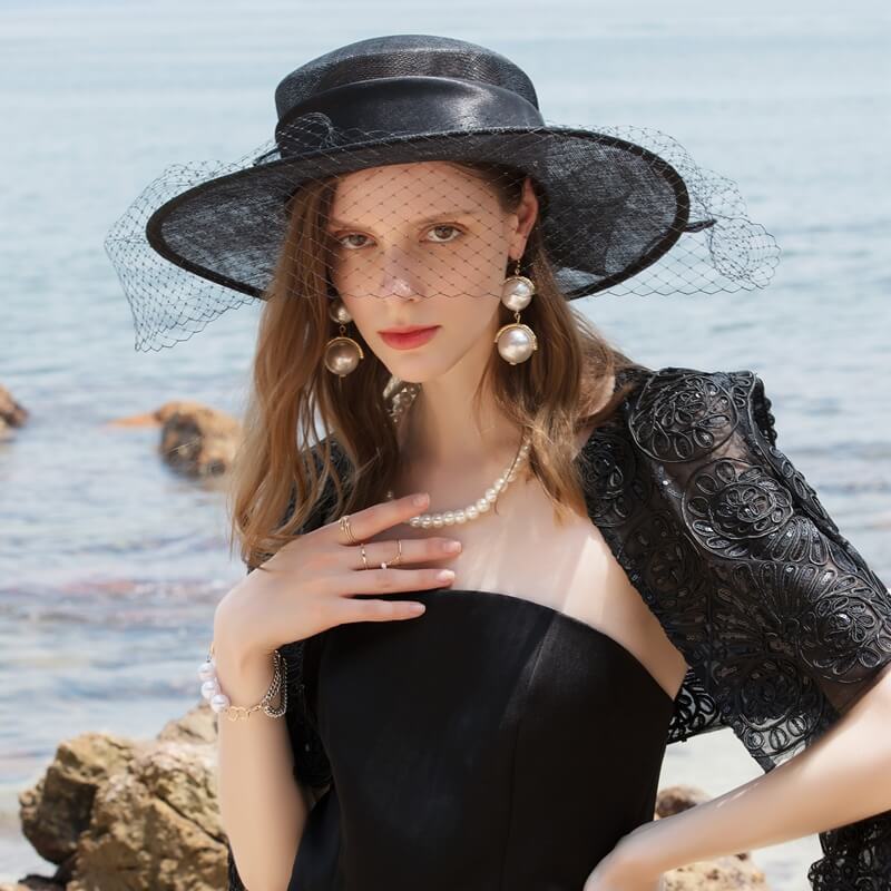 Black Flat Brim Hat Styled with Formal Dress – Elegant Church Look
