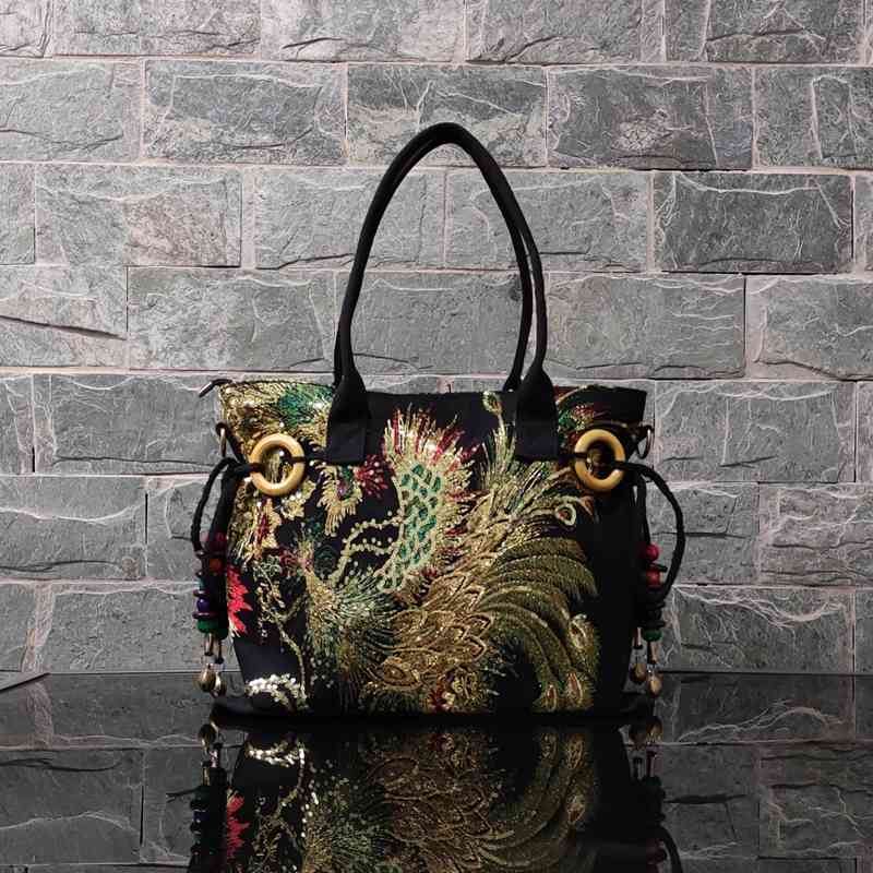 Designer Luxury Gold Thread Phoenix Hand Embroidery Bag Tote-Wood Bead Trim Limited Edition - Black 38x28x9cm - Luxury bags by WAAMII