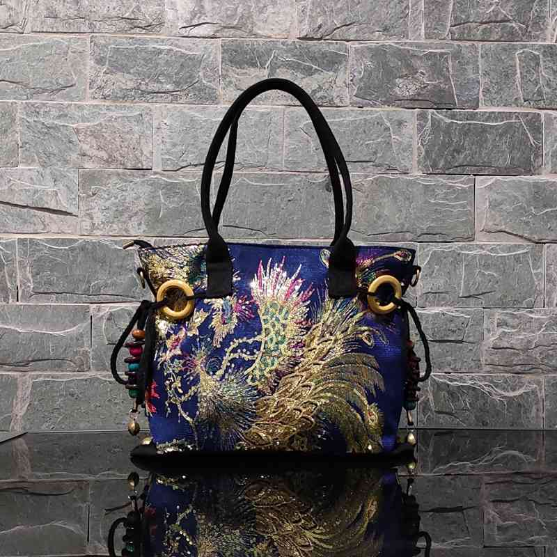 Designer Luxury Gold Thread Phoenix Hand Embroidery Bag Tote-Wood Bead Trim Limited Edition - Blue 38x28x9cm - Luxury bags by WAAMII