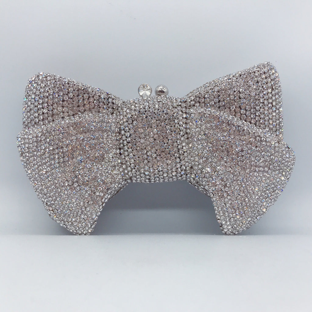 Crystal Butterfly Knot Clutch with Pearl Chain - Silver - Luxury bags by WAAMII