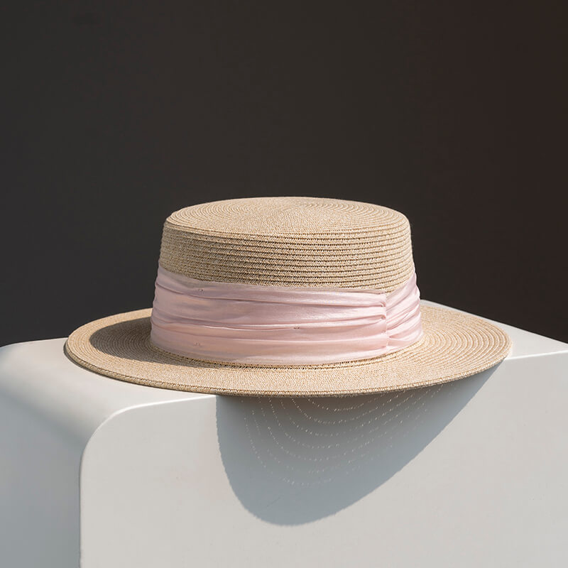 Flat crown boater hat with pink ribbon – front view