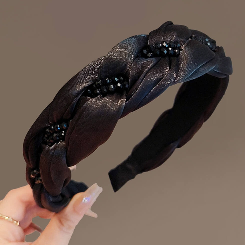 Twist Solid Black Headband with Rhinestones - - Luxury Accessories by WAAMII