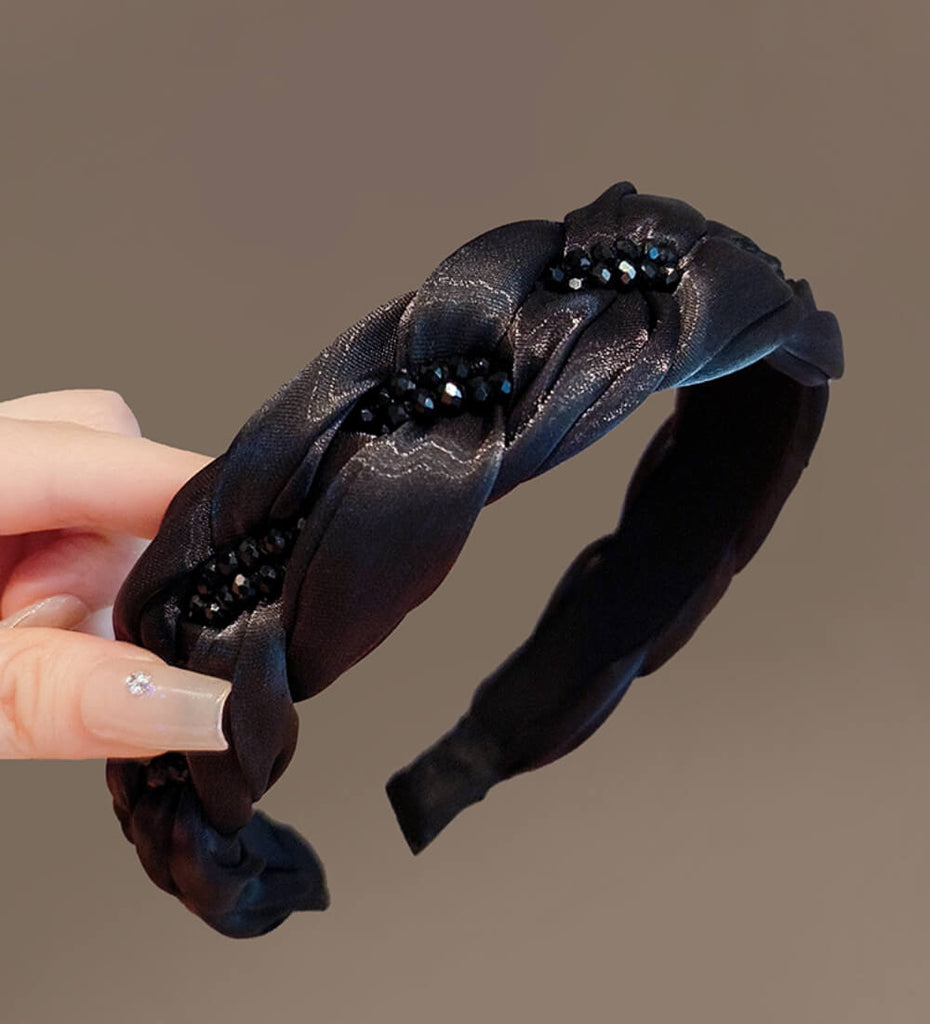 Twist Solid Black Headband with Rhinestones - - Luxury Accessories by WAAMII