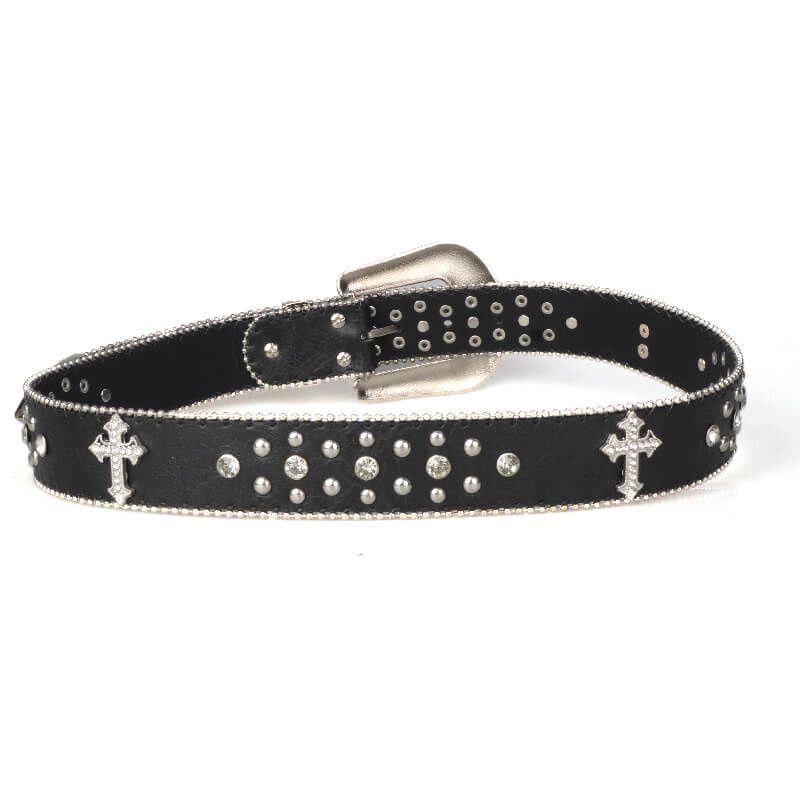 GothGlow Crystal Cross Leather Belt-Black - 详情-08 view - WAAMII