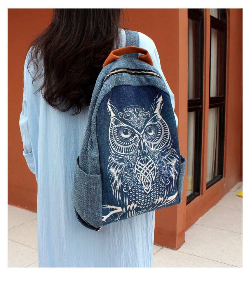 Owl Dyed and Embroidered Cotton Linen Backpack - 详情-16 view - WAAMII