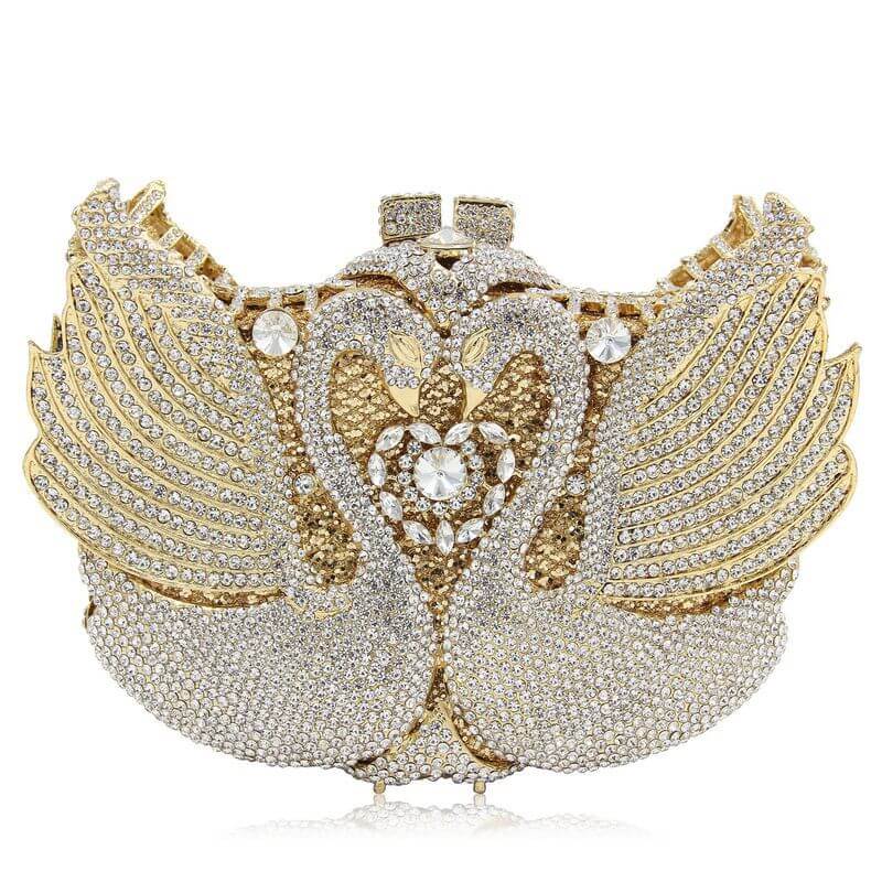 Swan Embrace Crystal Evening Clutch in Gold with White Diamonds - WAAMII