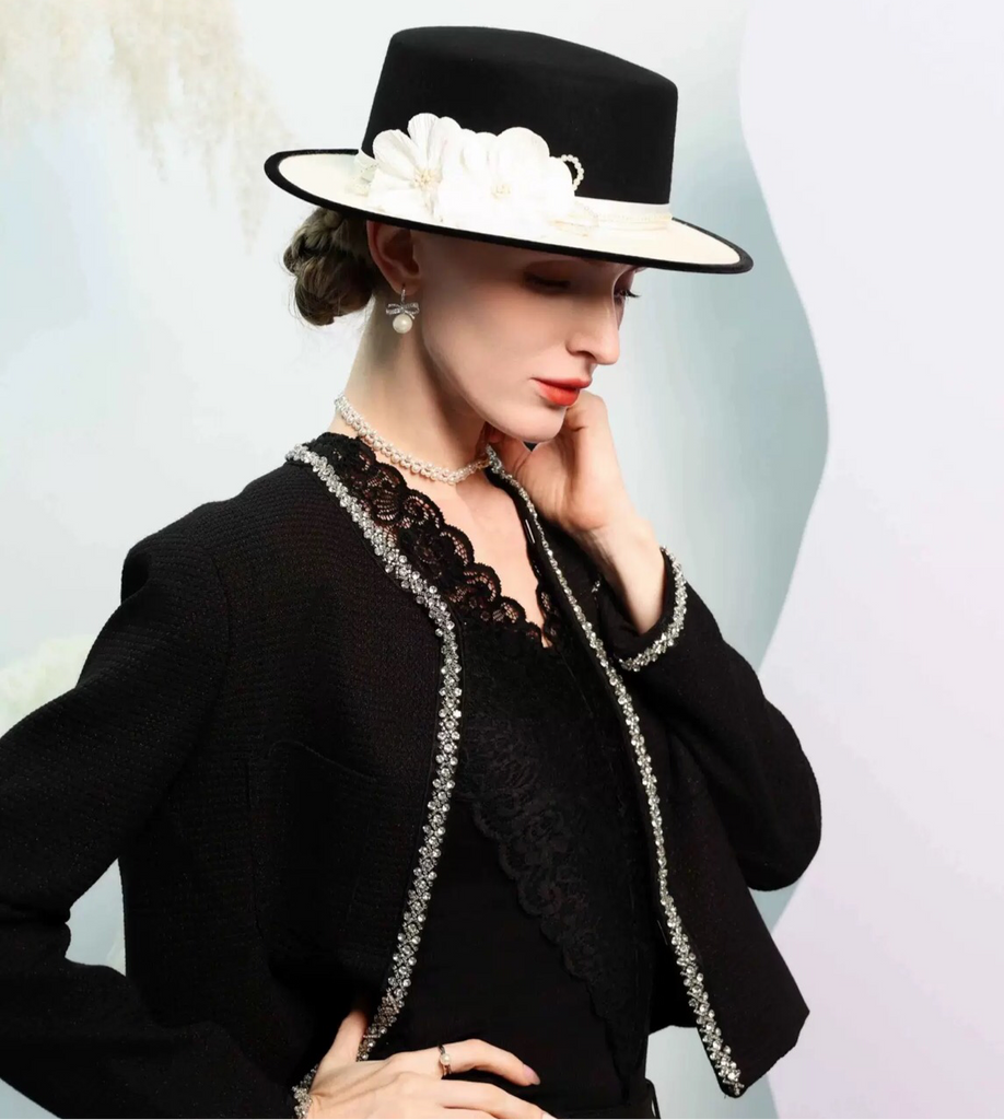 Black White Elegant Flat Brimmed Hat Wool Felt Fedoras - - Luxury Accessories by WAAMII