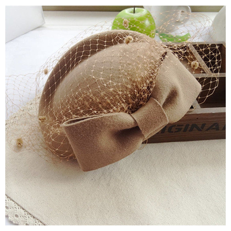 100% Wool Pillbox Hat Fedora With Black Veil Bowknot Fascinators For Women Accessories WAAMII   