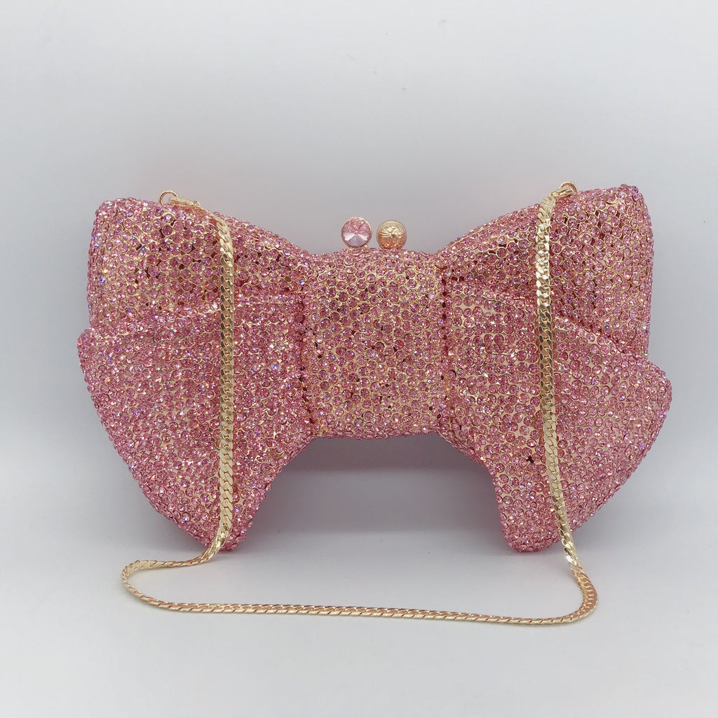 Crystal Butterfly Knot Clutch with Pearl Chain - Pink - Luxury bags by WAAMII