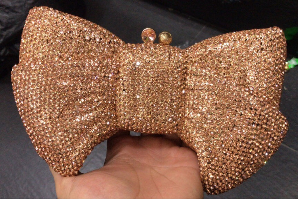 Crystal Butterfly Knot Clutch with Pearl Chain - Champagne - Luxury bags by WAAMII