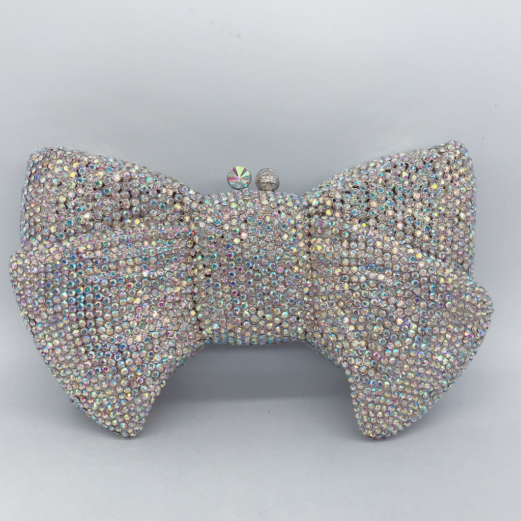 Crystal Butterfly Knot Clutch with Pearl Chain - Silver AB - Luxury bags by WAAMII