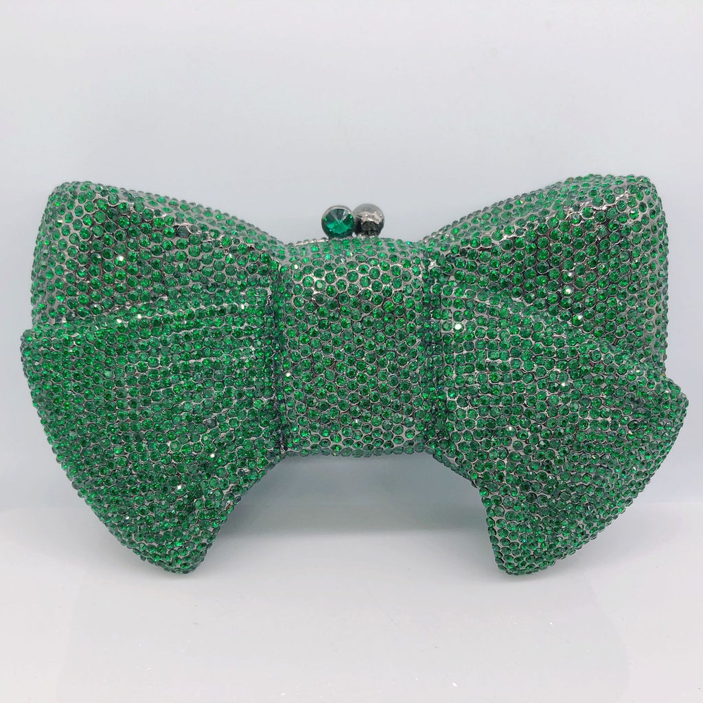 Crystal Butterfly Knot Clutch with Pearl Chain - Dark Green - Luxury bags by WAAMII